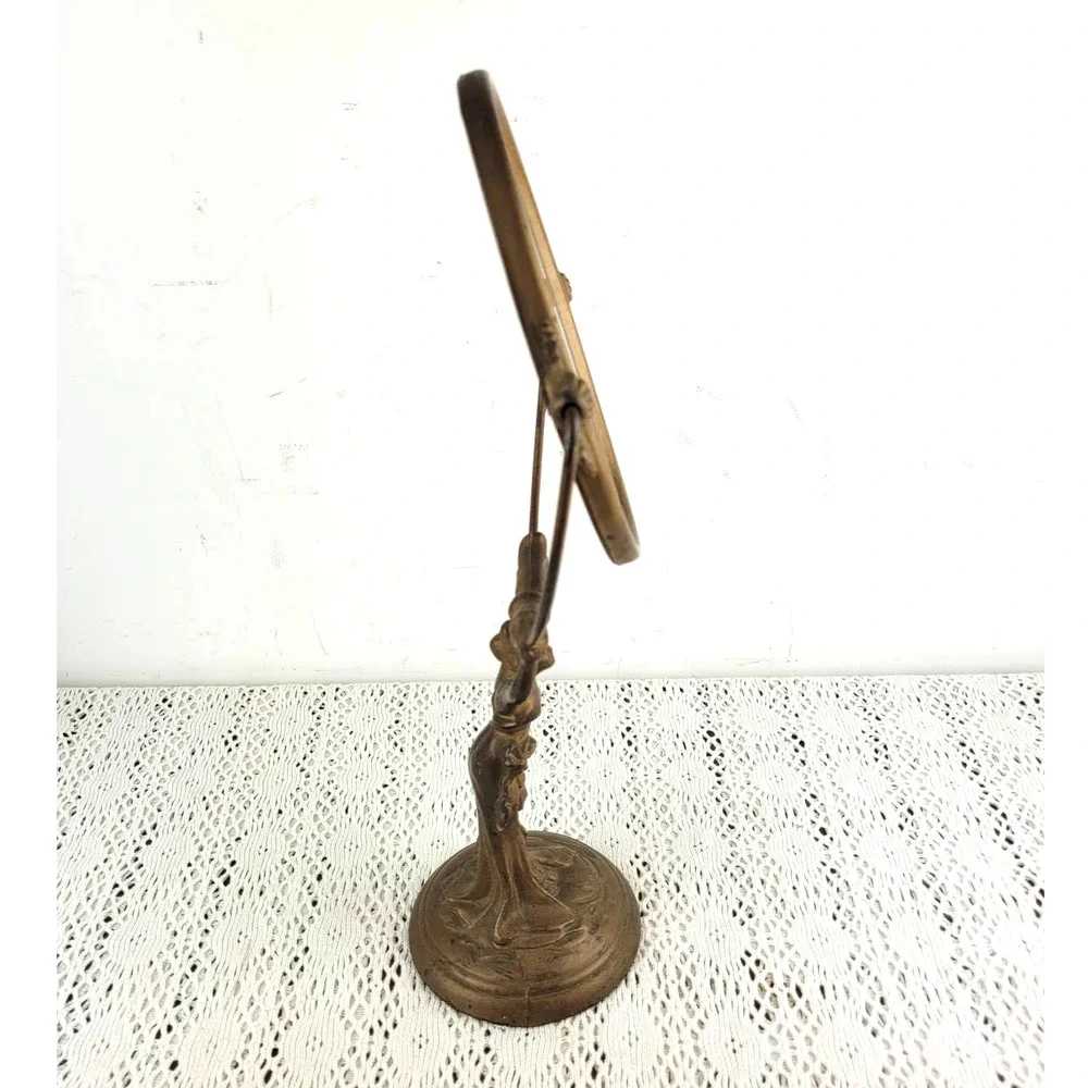 Antique 1910s Art Nouveau Woman Cast Iron or Bronze Vanity Lady Holding Mirror